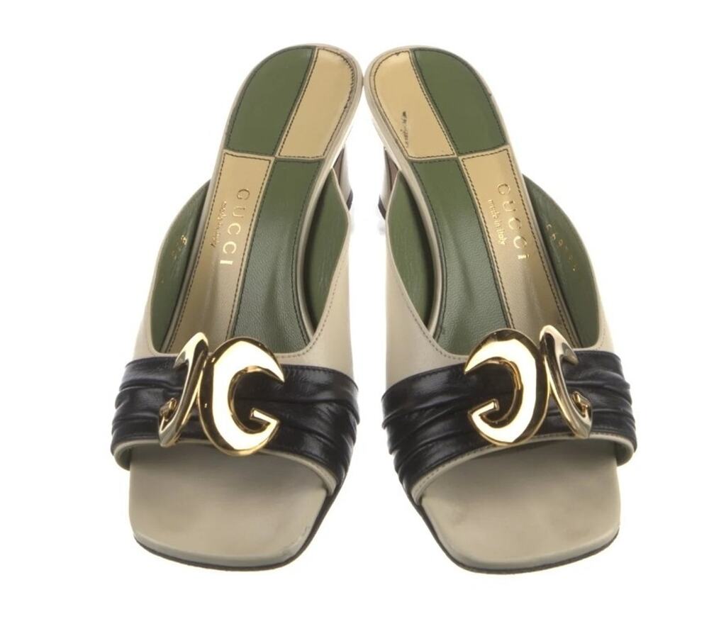 Gucci Womens Green Colorblock Italian Block Heel Slide Mule Sandals Size 36